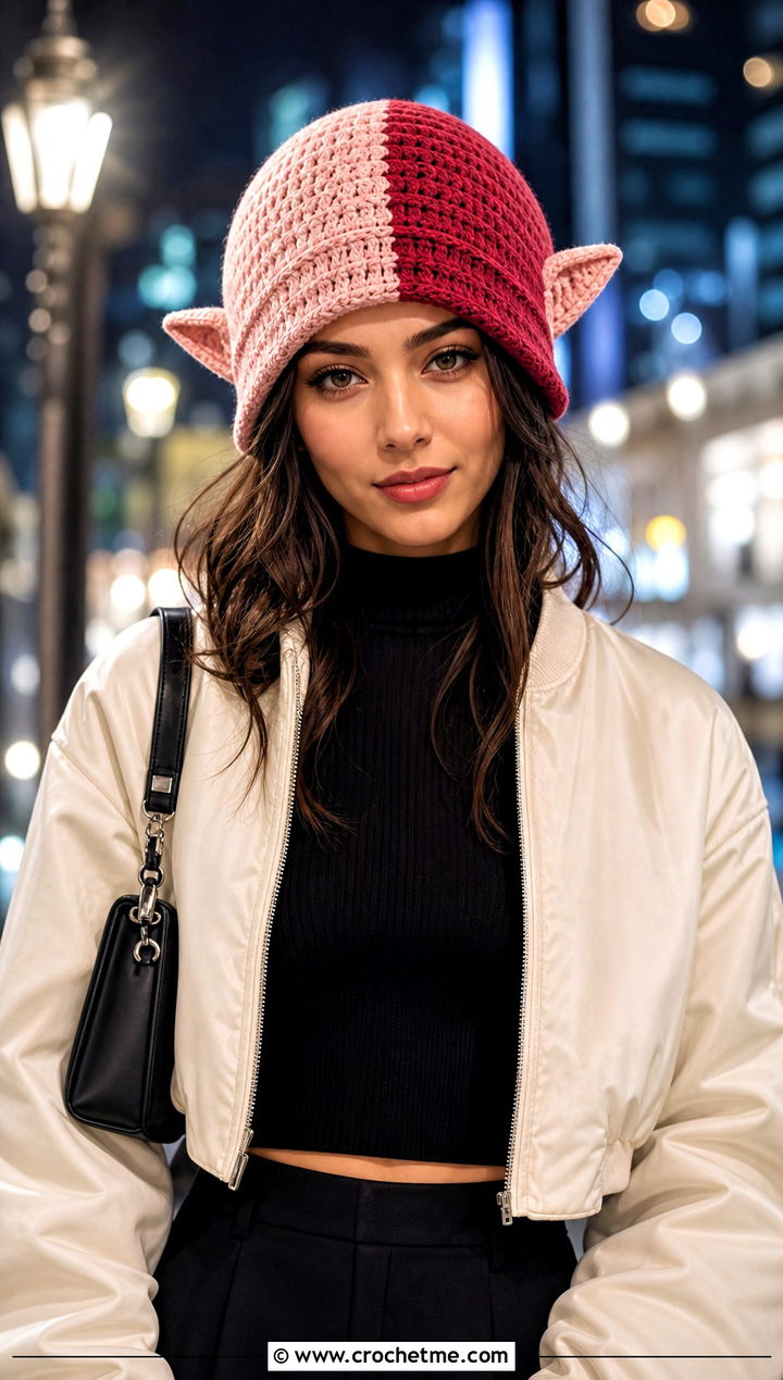Color Block Dobby Crochet Hat With Bomber Jacket And Mini Skirt - 25 dobby crochet hat outfit ideas