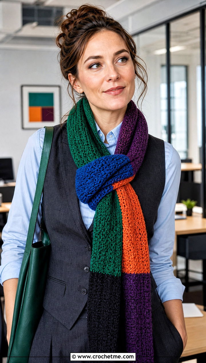 Color Block Doctor Who Crochet Scarf With Office Vest And Trousers - 25 Doctor Who Crochet Scarf outfit ideas