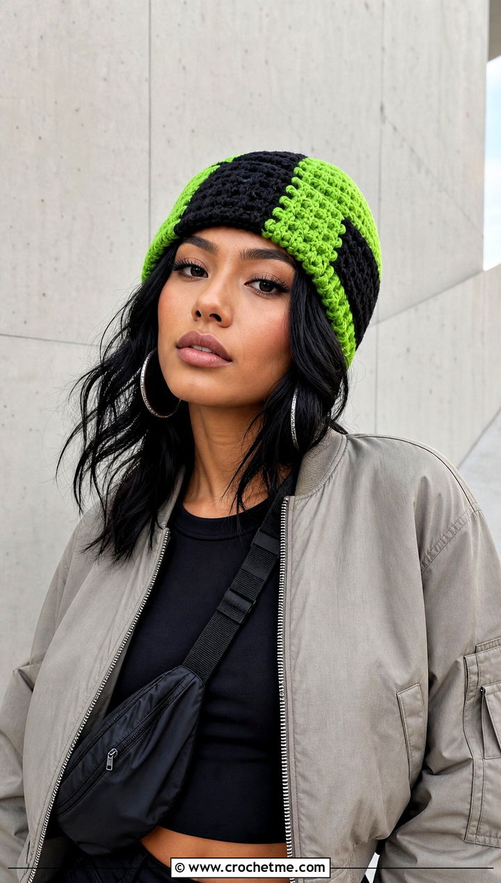 Color Block Double Crochet Beanie With Cargo Pants - 15 simple double crochet hat outfit ideas