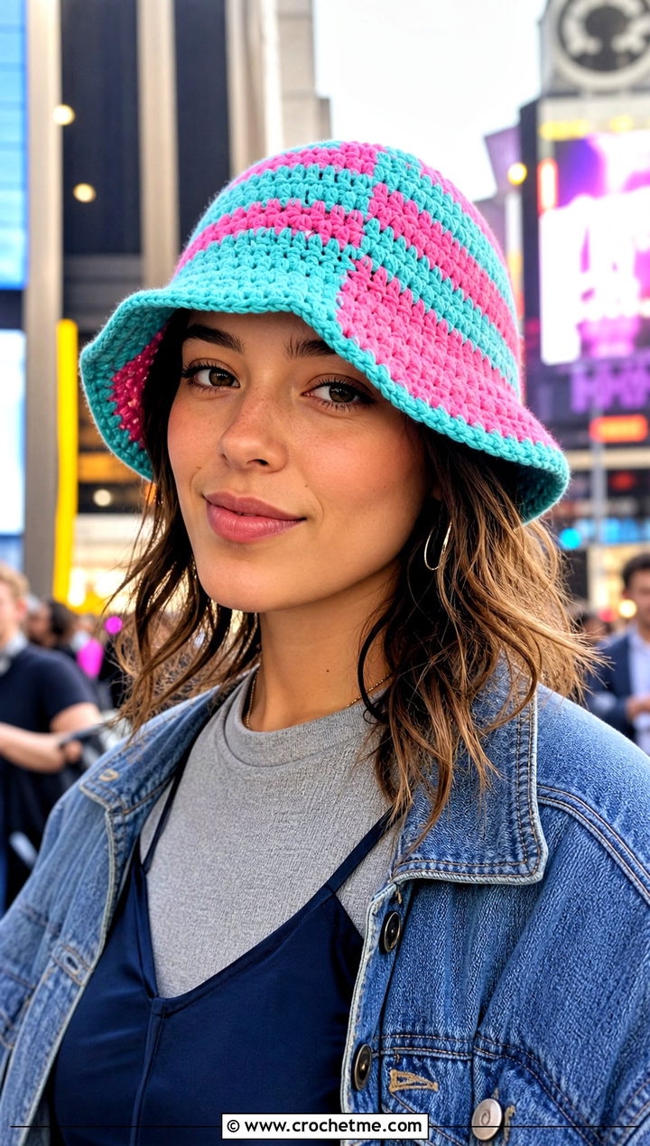 Color Block Double Crochet Bucket Hat With Slip Dress - 30 double crochet hat outfit ideas