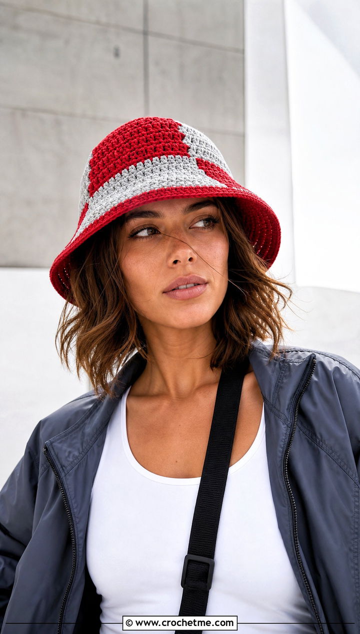 Color Block Double Crochet Bucket Hat With Tracksuit And Sneakers - 25 Double Crochet Bucket Hat outfit ideas