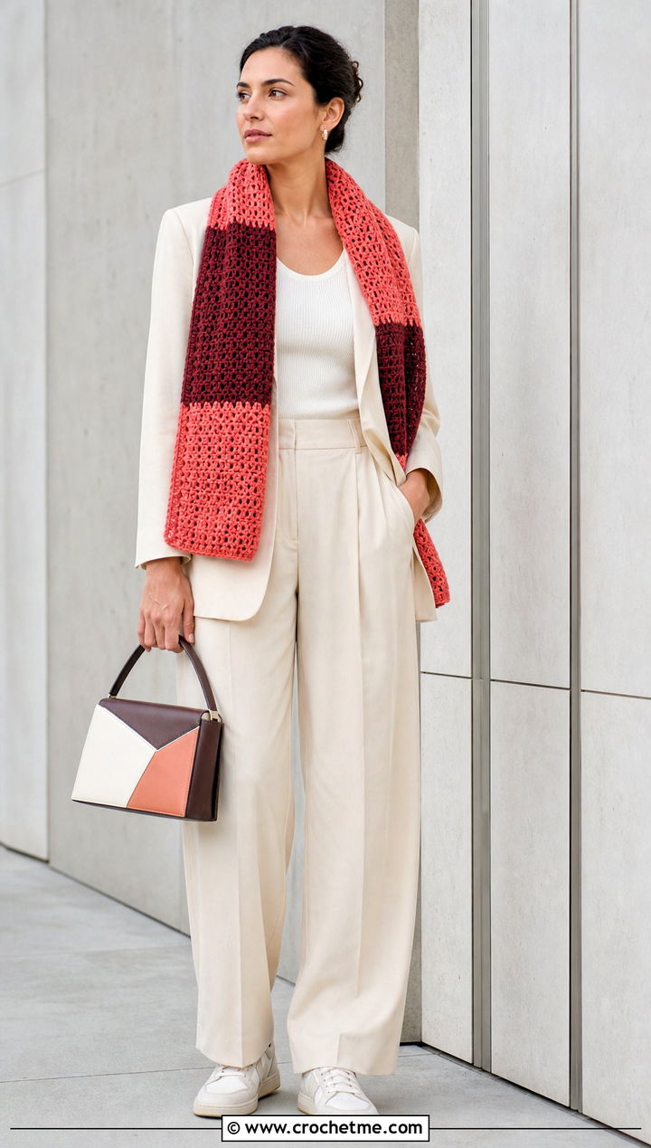Color Block Double Crochet Scarf With Tailored Suit - 35 double crochet scarf outfit ideas