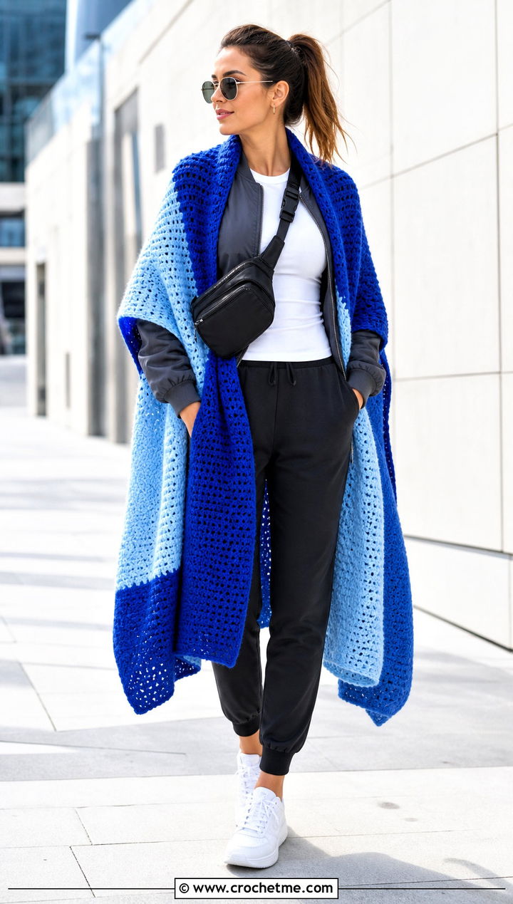 Color Block Double Crochet Shawl With Track Pants - 20 Double Crochet Shawl outfit ideas
