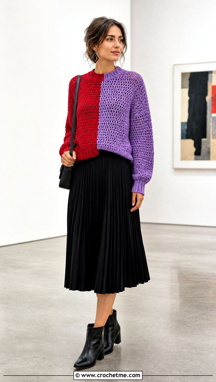 Color Block Double Crochet Sweater With Black Midi Skirt - 35 double crochet sweater outfit ideas