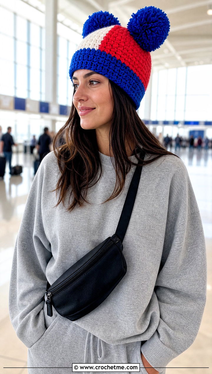 Color Block Double Pom Hat With Matching Tracksuit - 20 Crochet Hat With Two Pom Poms outfit ideas