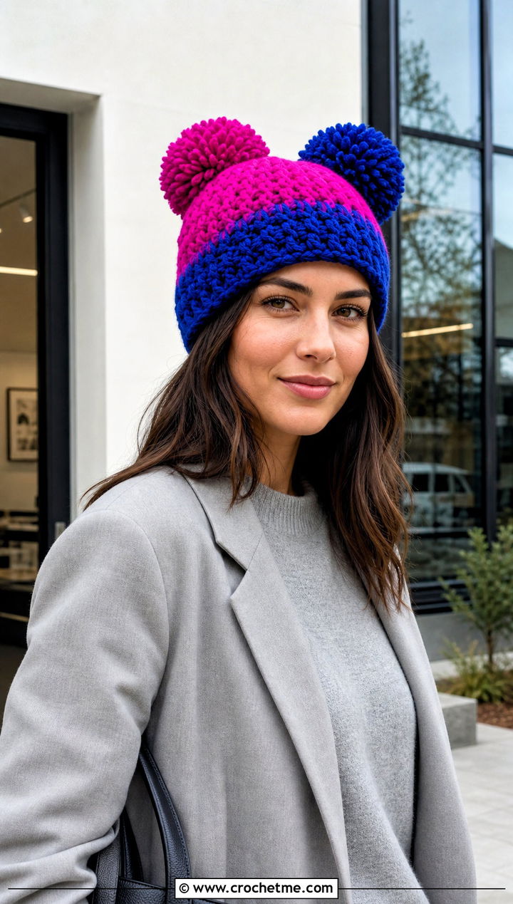 Color Block Double Pom Pom Hat With Neutral Suit - 25 Crochet Double Pom Pom Hat outfit ideas