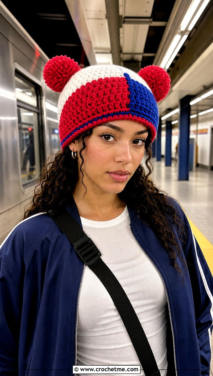 Color Block Double Pompom Crochet Hat With Tracksuit - 25 Double Pompom Crochet Hat outfit ideas