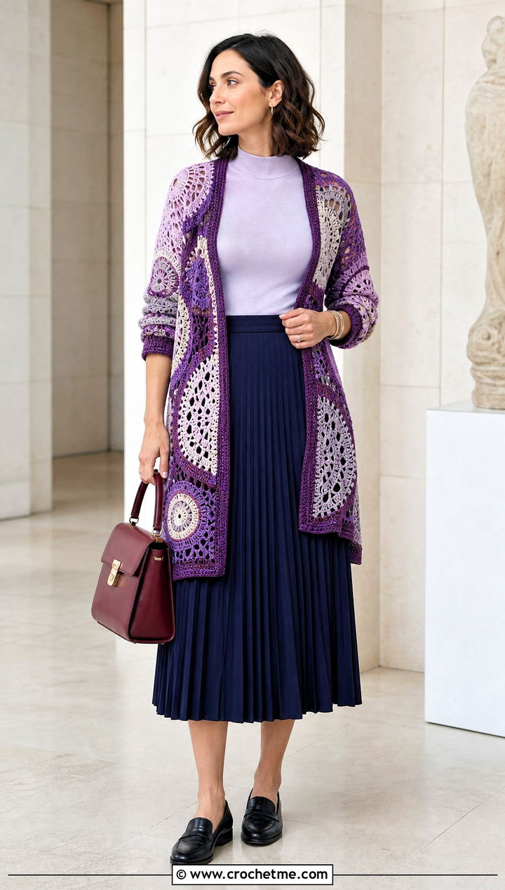 Color Block Dream Catcher Cardigan With Pleated Midi Skirt - 25 dream catcher crochet cardigan outfit ideas