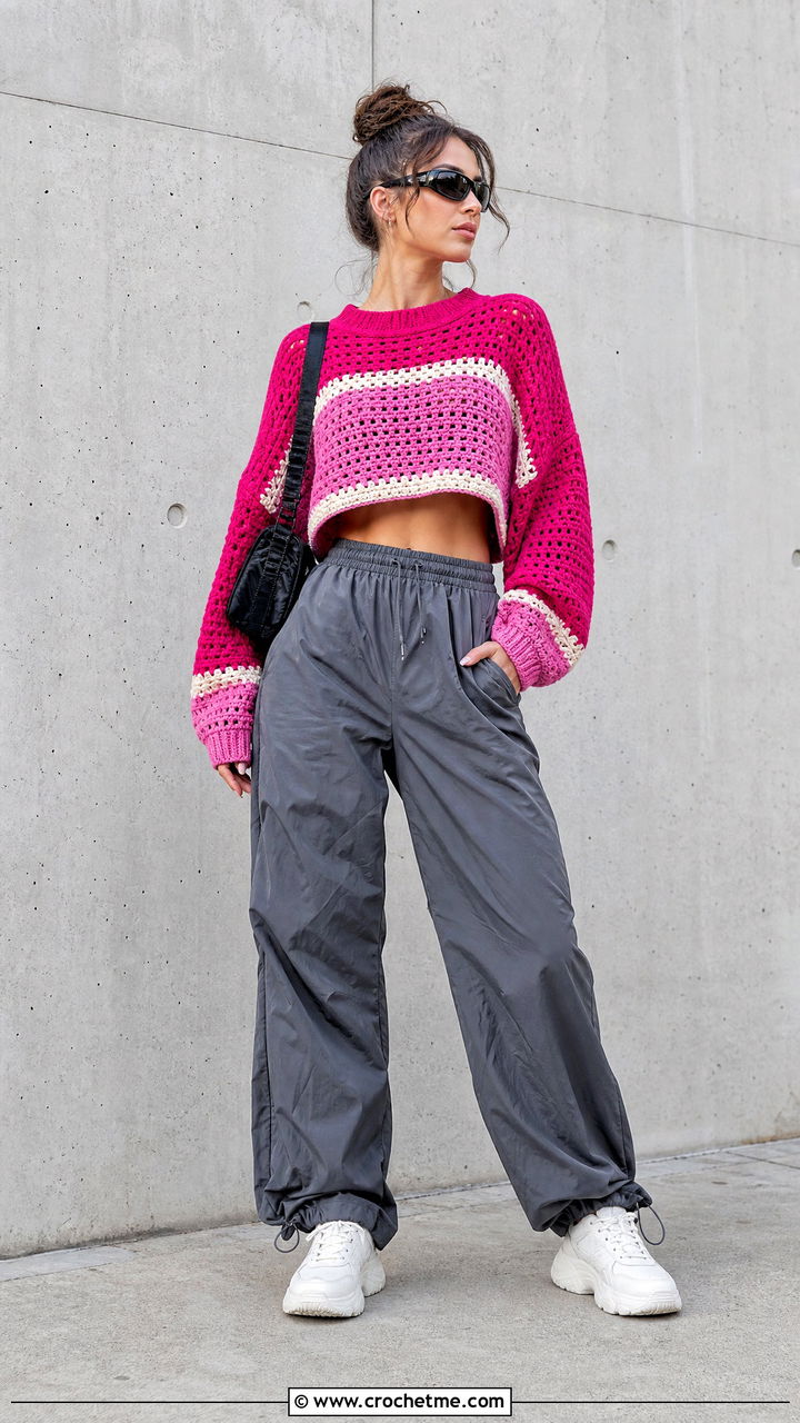 Color Block Drop Shoulder Crochet Crop Sweater With Parachute Pants - 35 crochet crop sweater outfit ideas