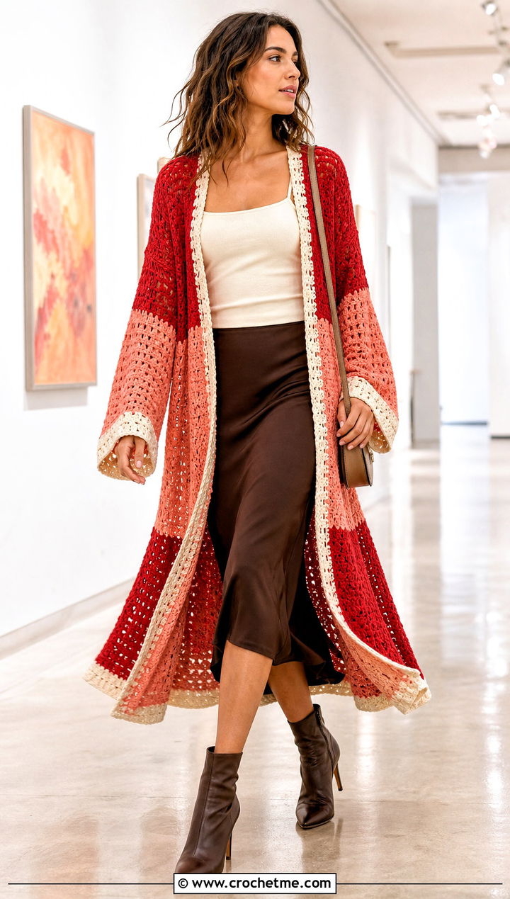 Color Block Duster Cardigan With Slip Skirt - 25 crochet block cardigan outfit ideas