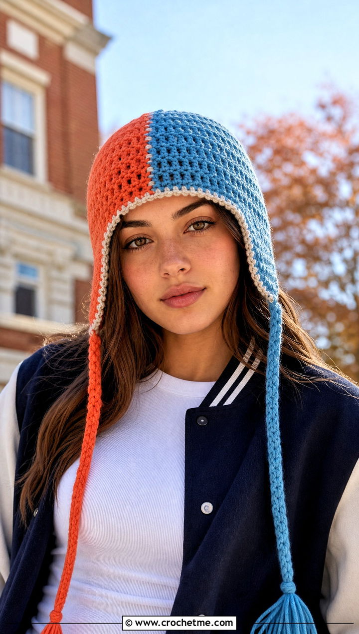 Color Block Ear Flap Beanie With Varsity Jacket - 30 crochet ear flap beanie outfit ideas