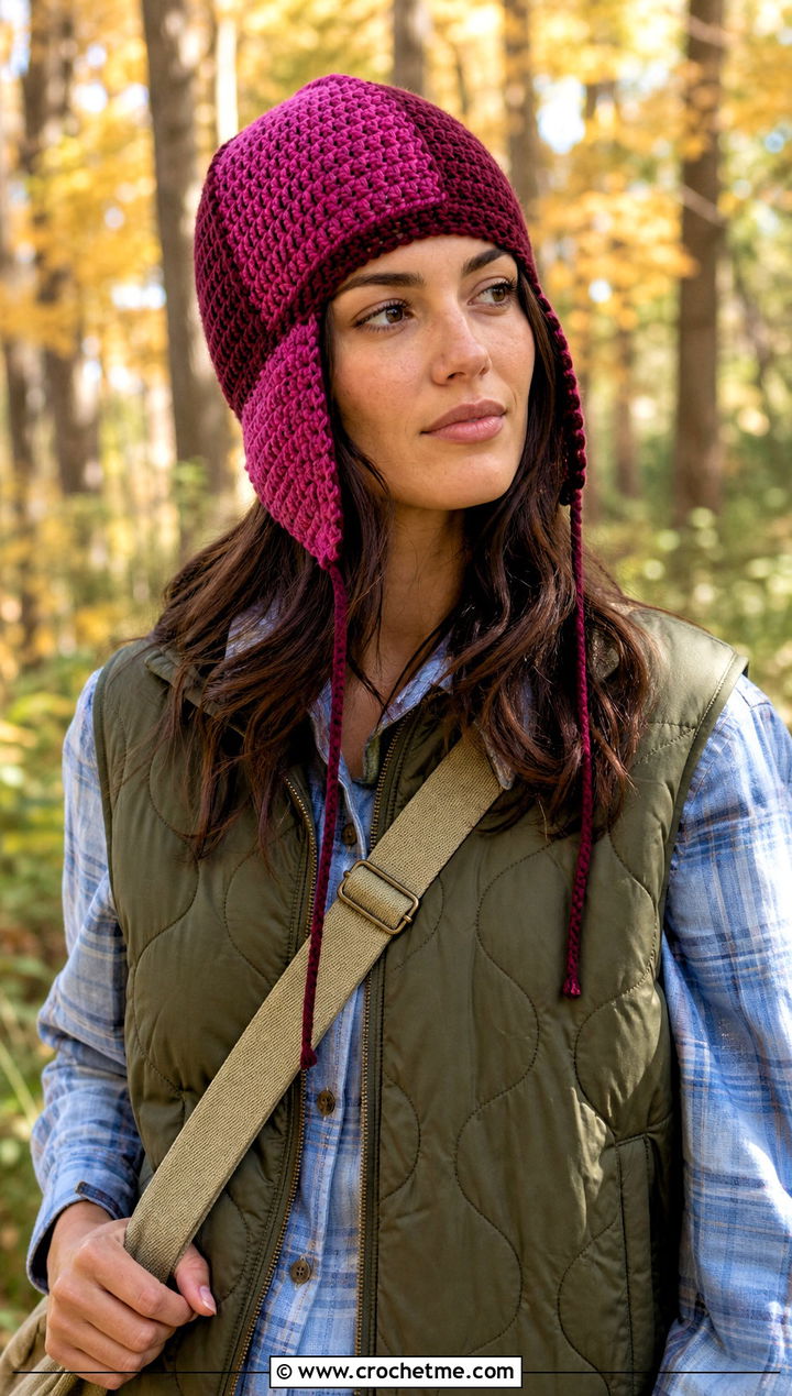 Color Block Ear Flap Hat With Quilted Vest - 25 crochet ear flap hat outfit ideas