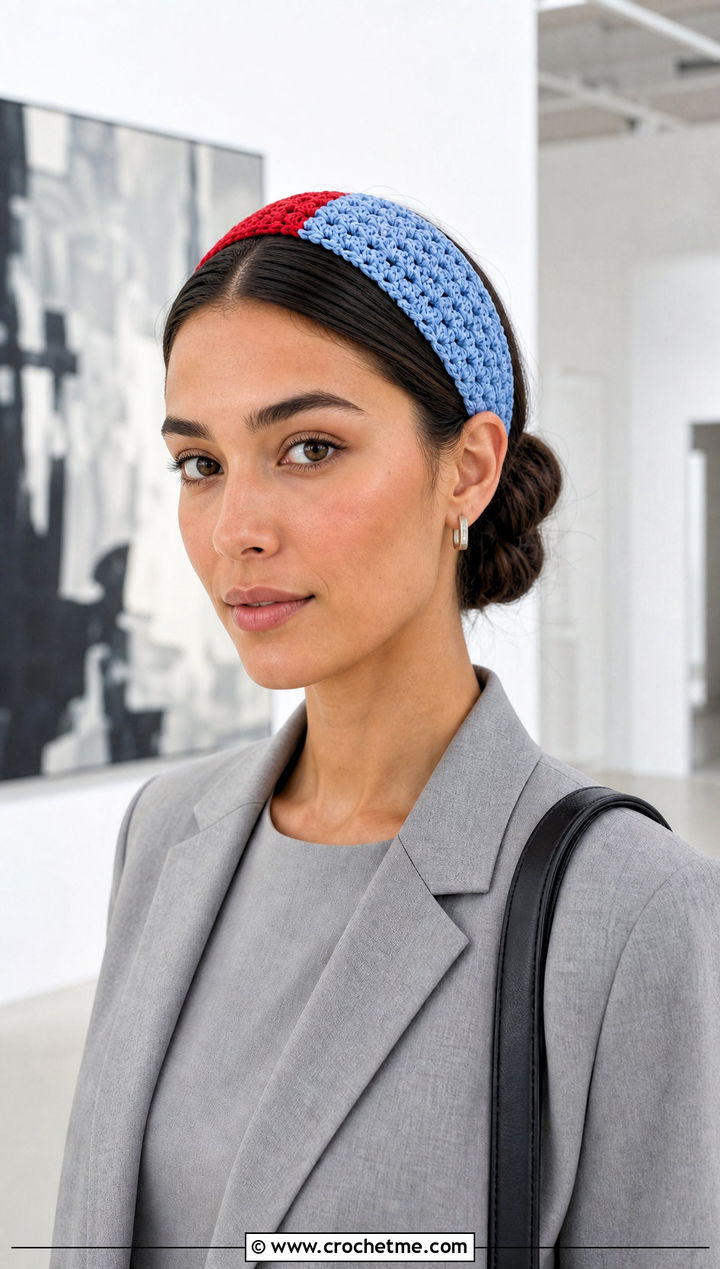 Color Block Elastic Crochet Headband With a Monochrome Pantsuit - 25 Crochet Headbands With Elastic outfit ideas