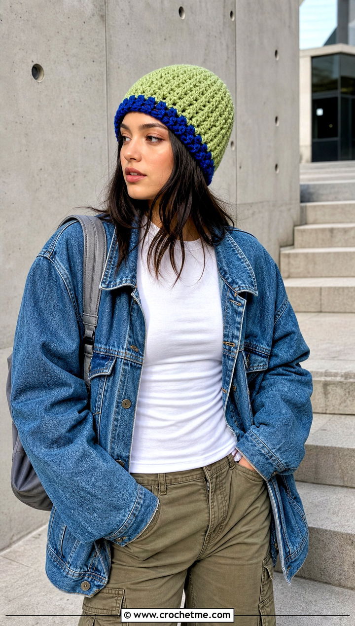 Color Block Elsa Beanie With Denim Jacket And Cargo Pants - 15 Crochet Elsa Beanie outfit ideas