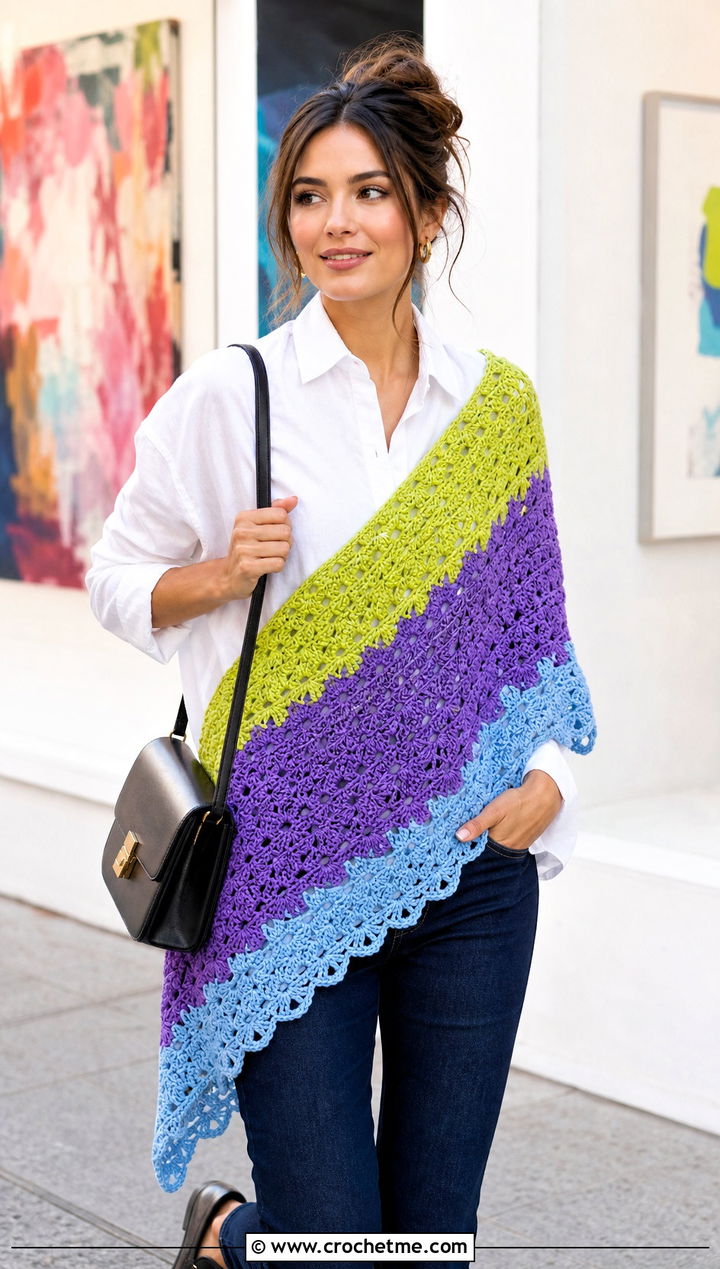 Color Block Fan Stitch Shawl With White Shirt - 20 Crochet Fan Stitch Shawl outfit ideas
