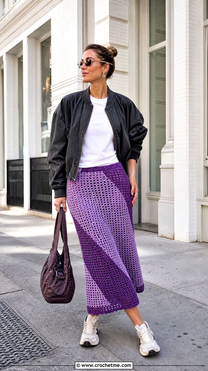 Color Block Filet Crochet Midi Skirt With Bomber Jacket - 35 Filet Crochet Skirt outfit ideas
