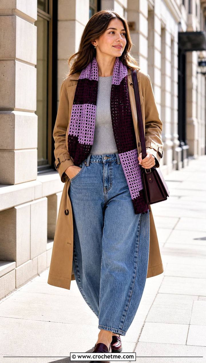 Color Block Filet Crochet Scarf With A Trench Coat - 35 filet crochet scarf outfit ideas