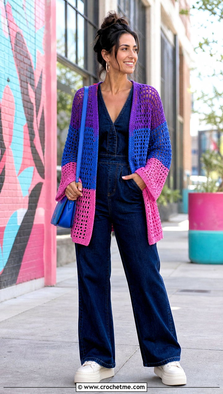 Color Block Filet Mesh Cardigan With a Denim Jumpsuit - 25 filet crochet cardigan outfit ideas