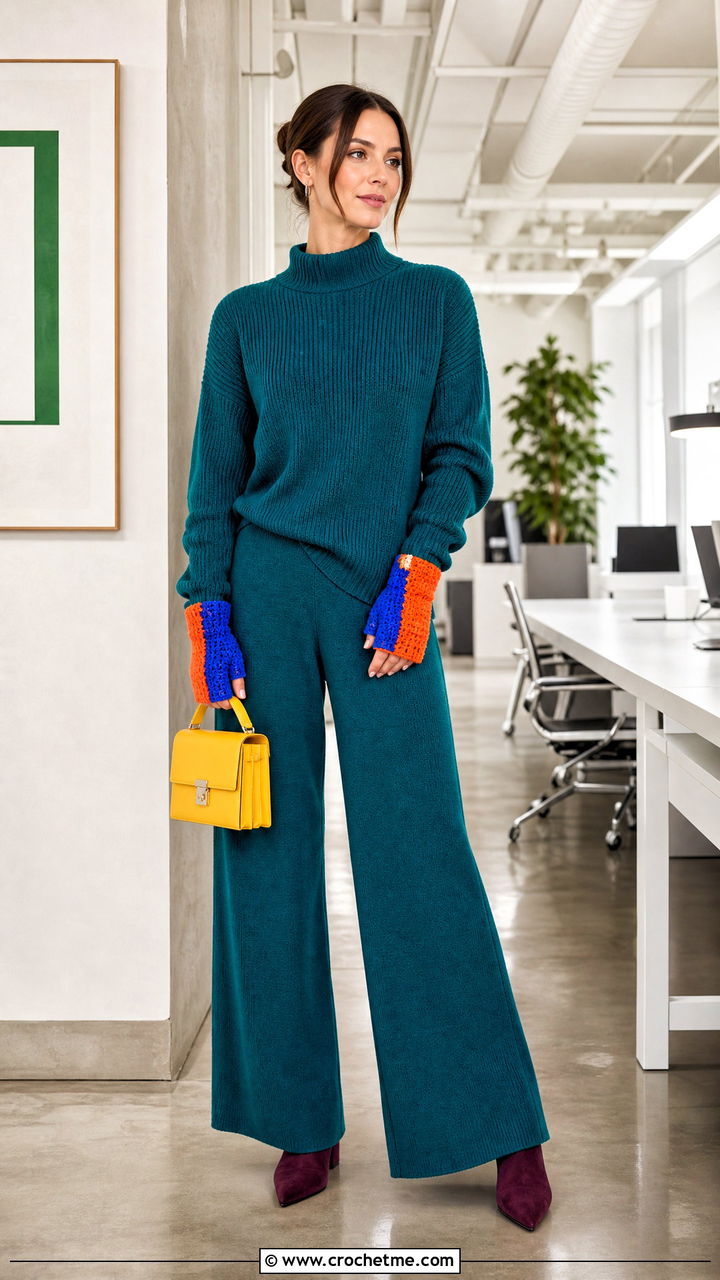 Color Block Fingerless Crochet Gloves With Monochrome Outfit - 35 crochet gloves outfit ideas