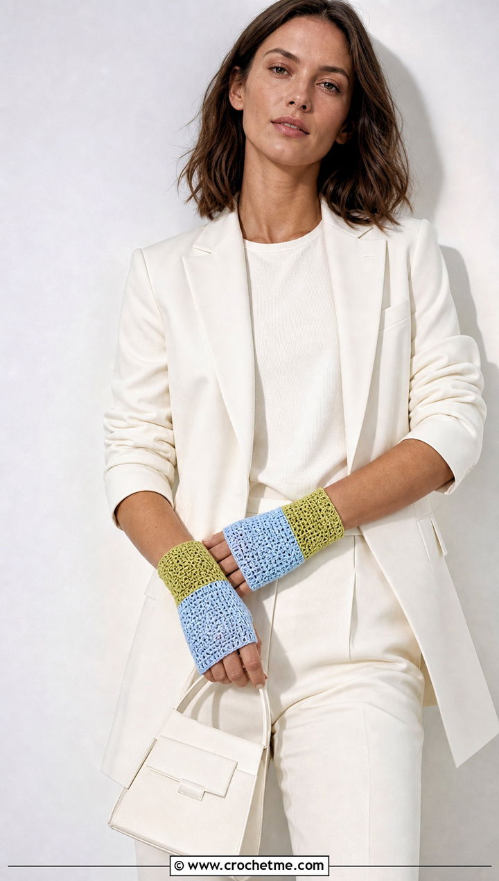 Color Block Fingerless Crochet Gloves With Monochrome Suit - 30 fingerless crochet gloves outfit ideas