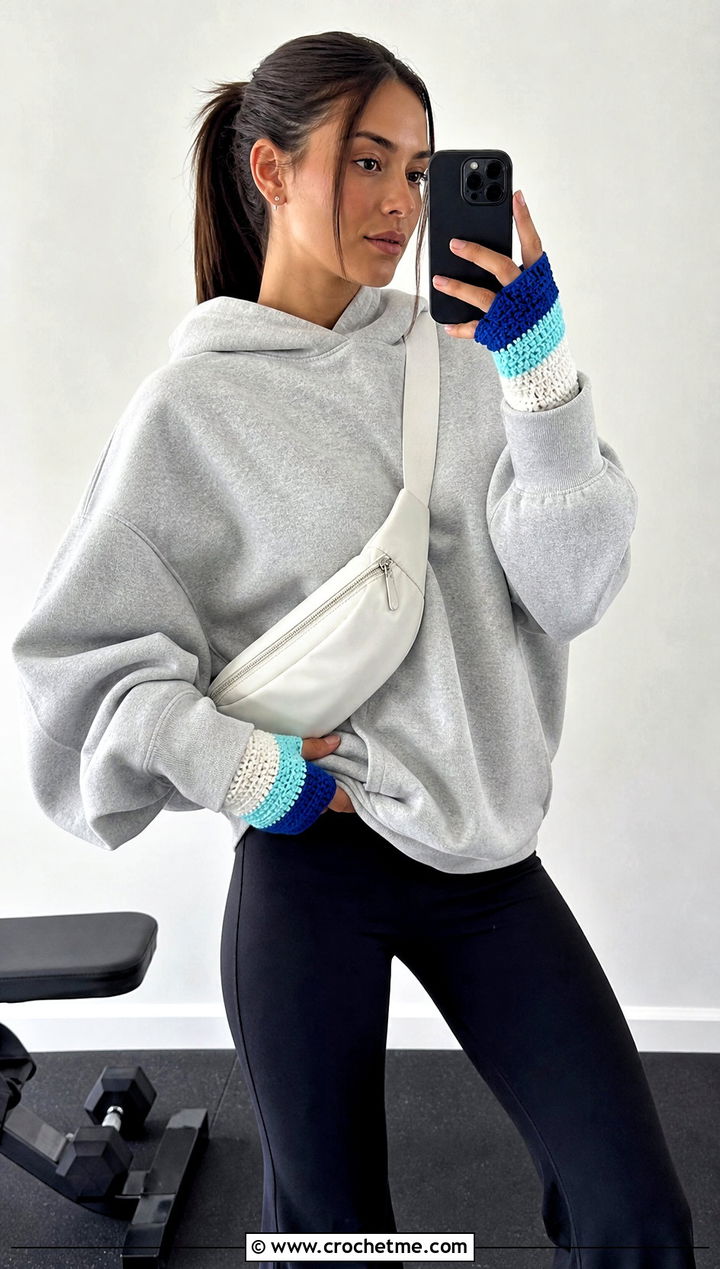 Color Block Fingerless Gloves With Hoodie And Leggings - 30 crocheted fingerless gloves outfit ideas