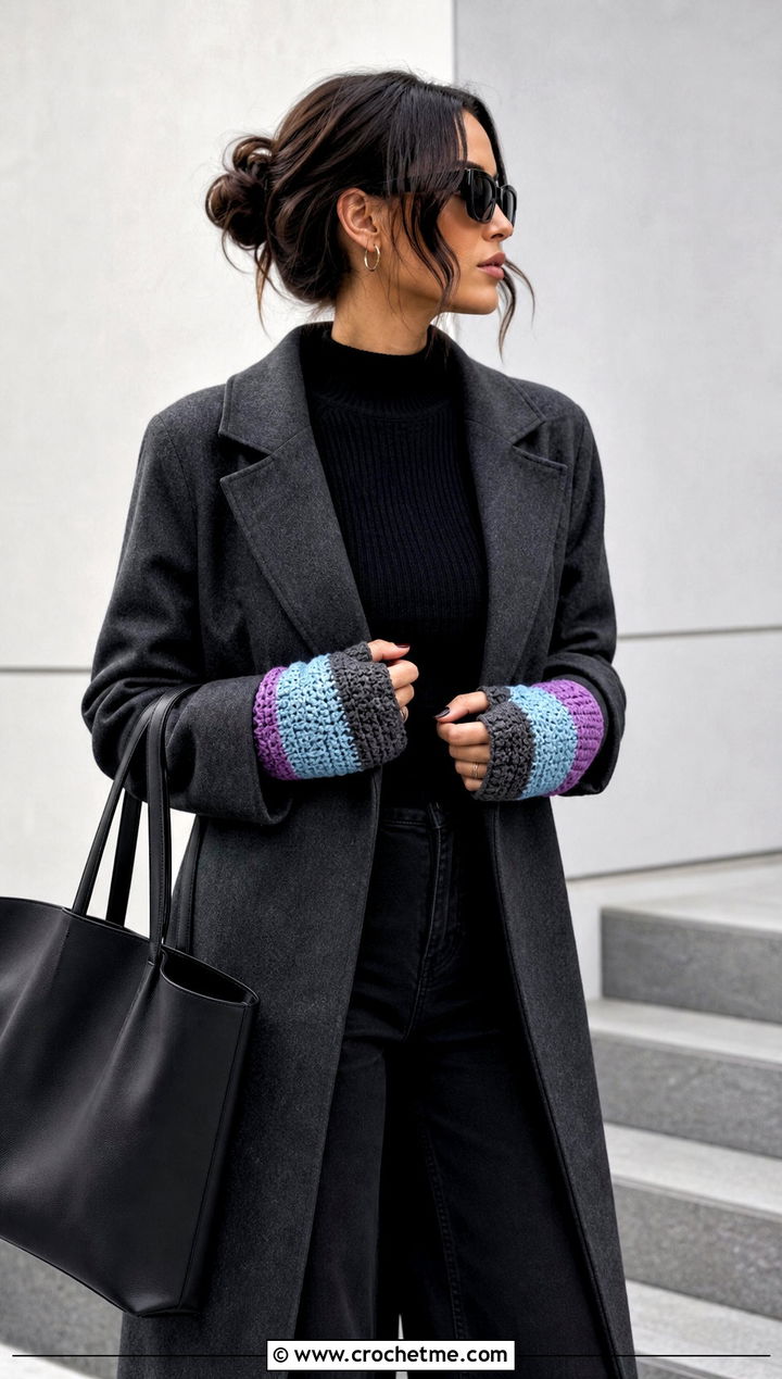 Color Block Fingerless Gloves With Monochrome Outfit - 25 Crochet Fingerless Gloves Bulky Yarn outfit ideas