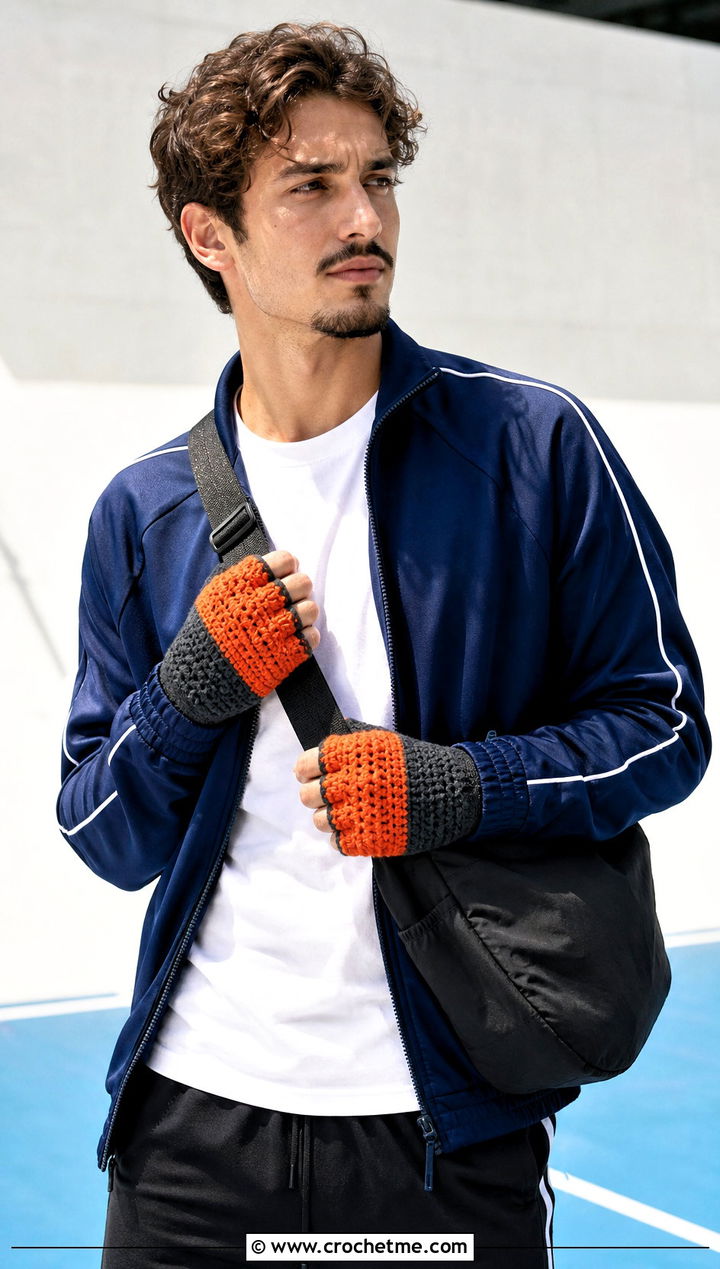Color Block Fingerless Gloves With Track Jacket - 25 Crochet Mens Fingerless Gloves outfit ideas