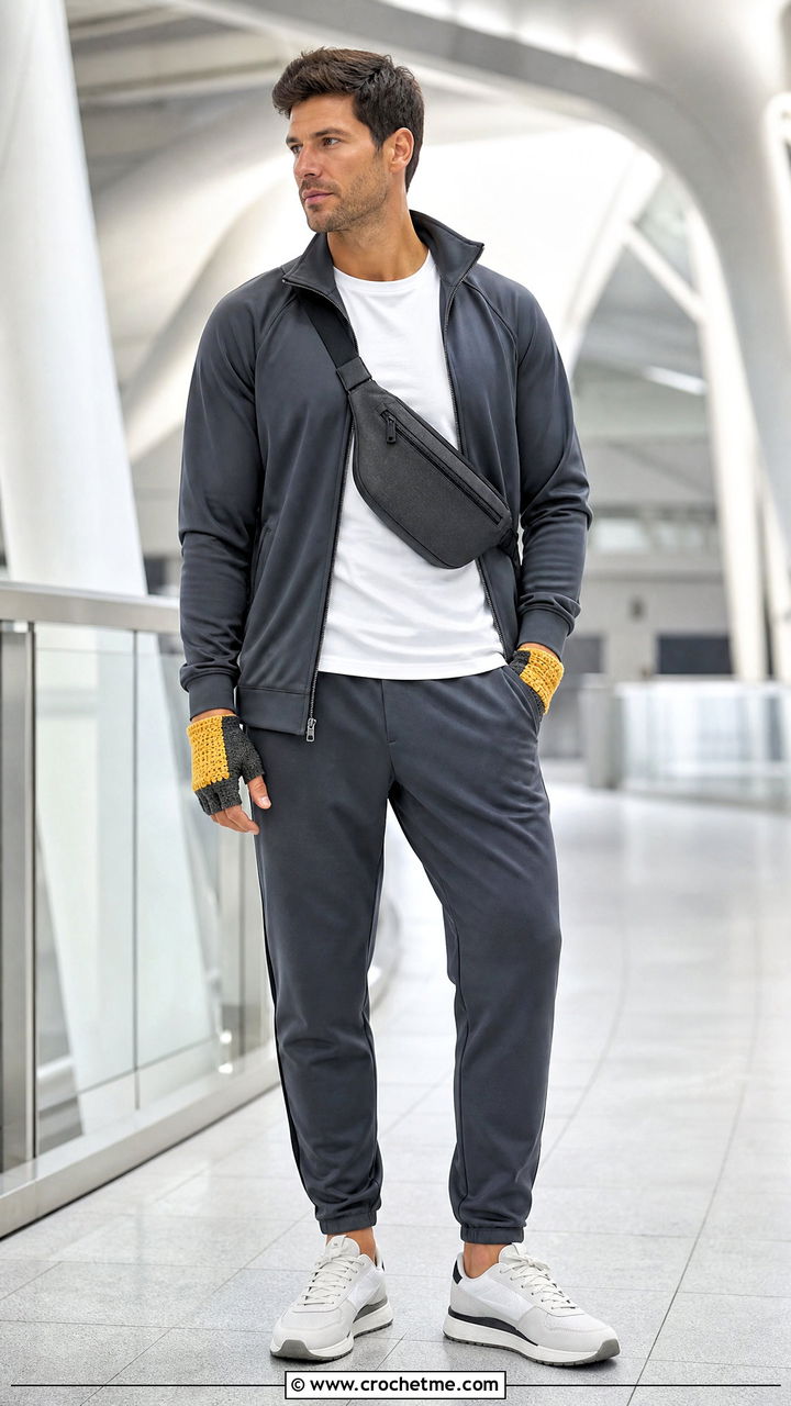 Color Block Fingerless Gloves With Tracksuit - 35 crochet gloves for men outfit ideas