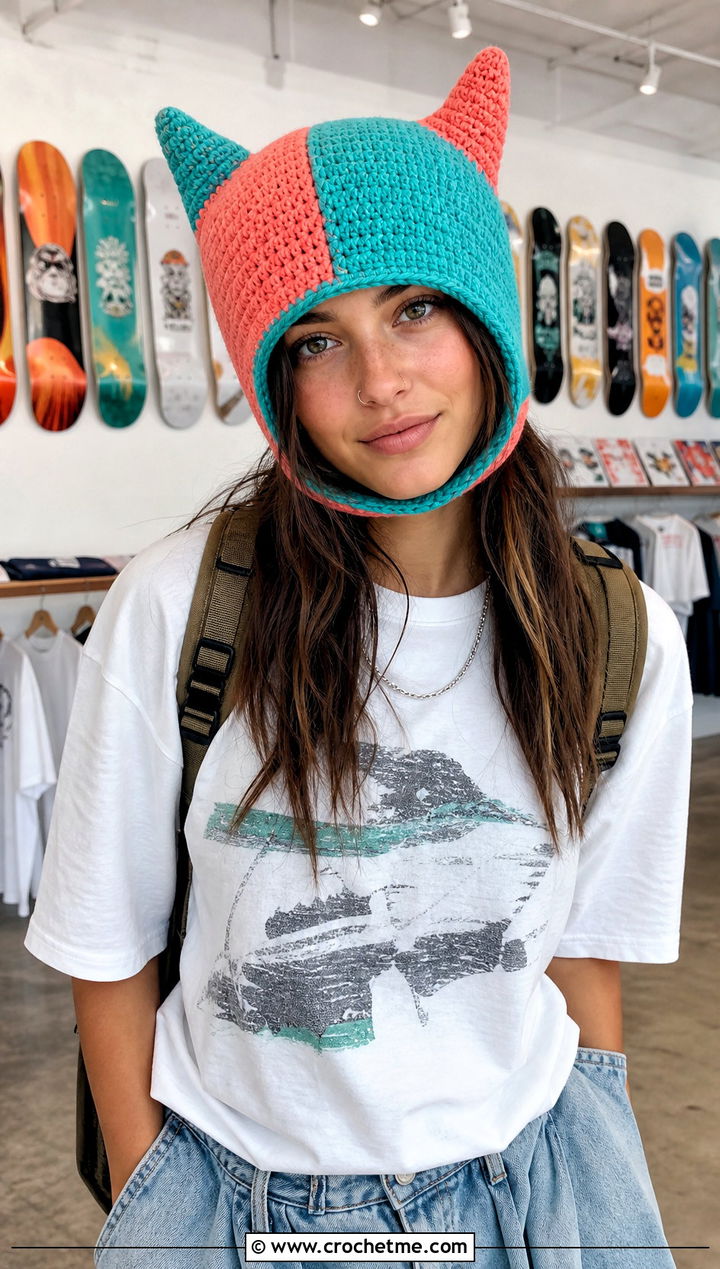 Color Block Finn Hat With Skate Jeans And Graphic T Shirt - 30 crochet adventure time finn hat outfit ideas