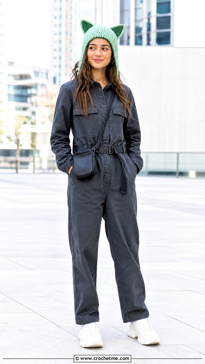 Color Block Finn Hat With Utility Jumpsuit - 35 crochet finn hat outfit ideas