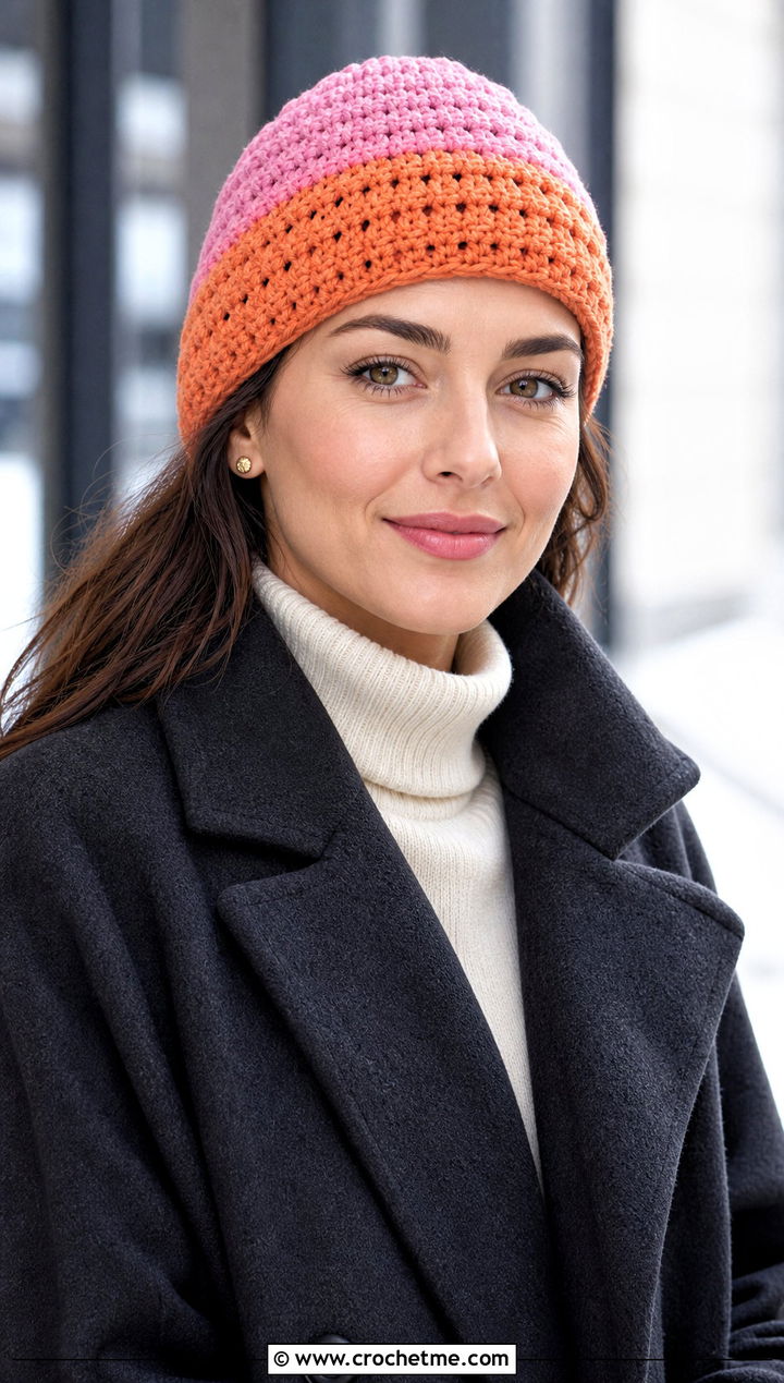 Color Block Fisherman Crochet Beanie With Wool Coat - 30 two color crochet beanie outfit ideas