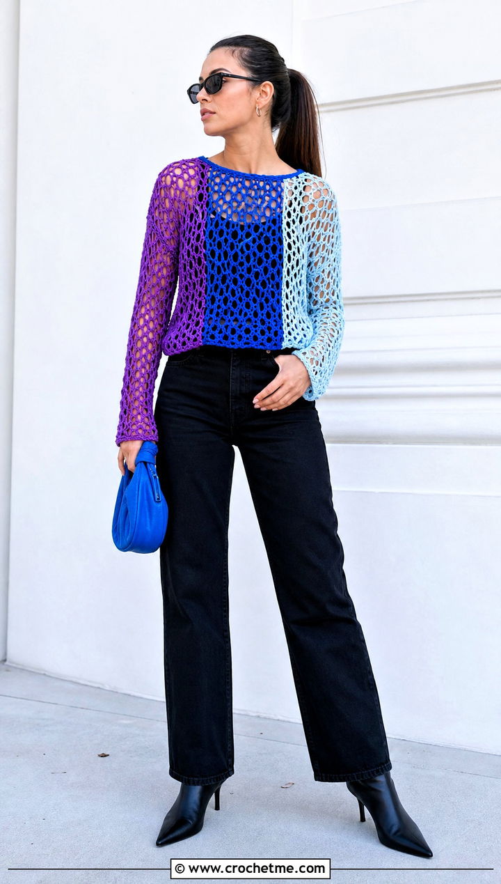 Color Block Fishnet Crochet Top With Black Jeans - 25 Fishnet Crochet Top outfit ideas