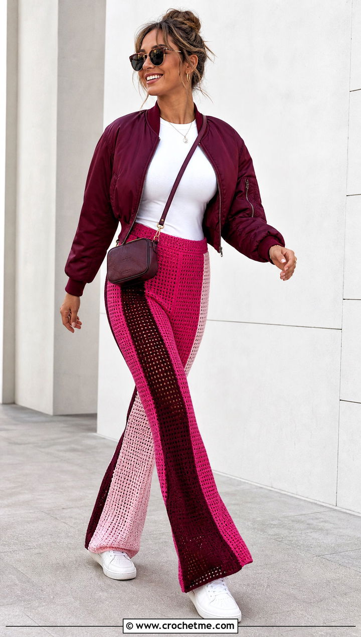 Color Block Flare Crochet Pants With Bomber Jacket - 25 flare crochet pants outfit ideas