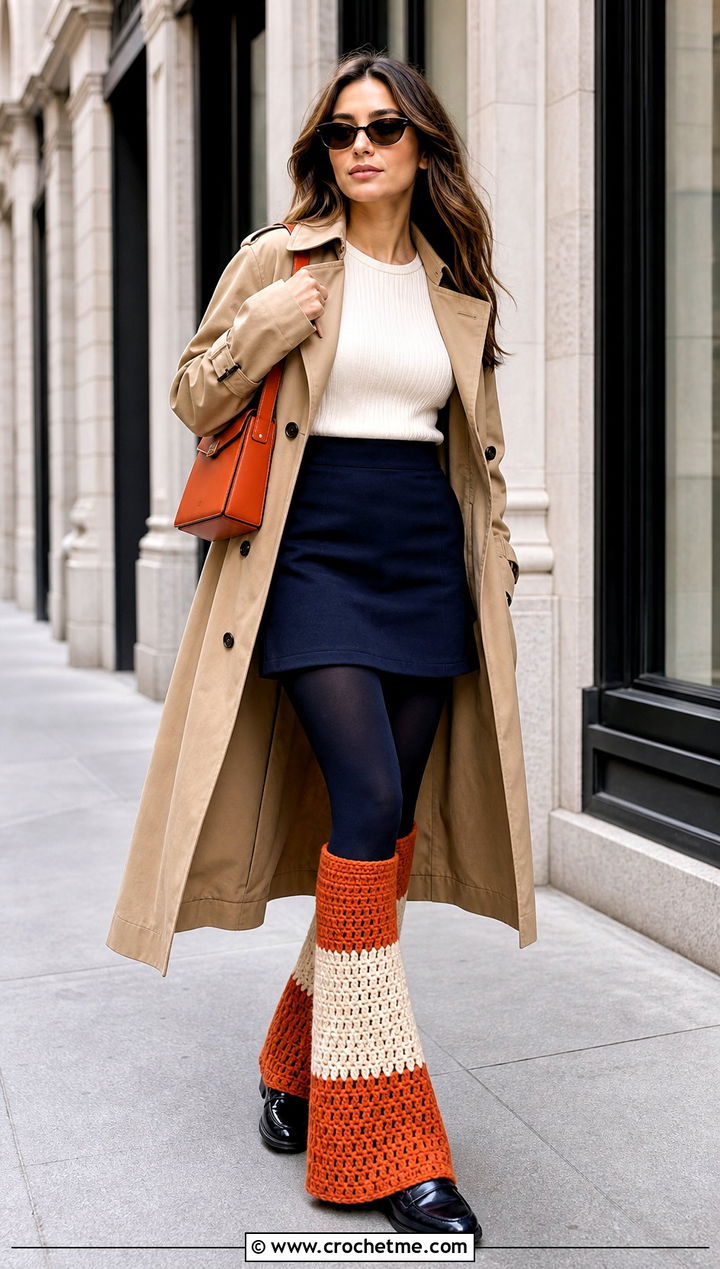 Color Block Flared Crochet Leg Warmers With Trench Coat - 25 flared crochet leg warmers outfit ideas