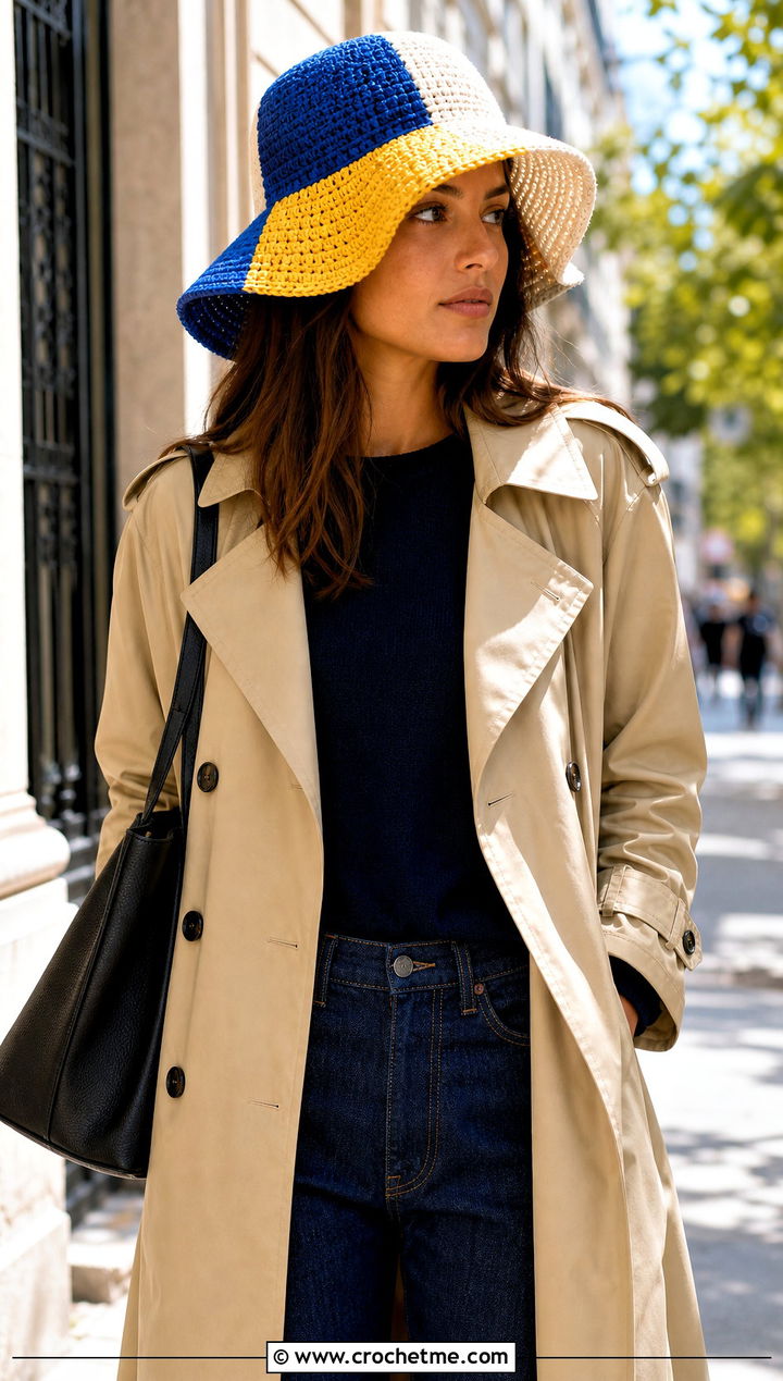 Color Block Floppy Crochet Hat With Trench Coat - 25 floppy crochet hat outfit ideas