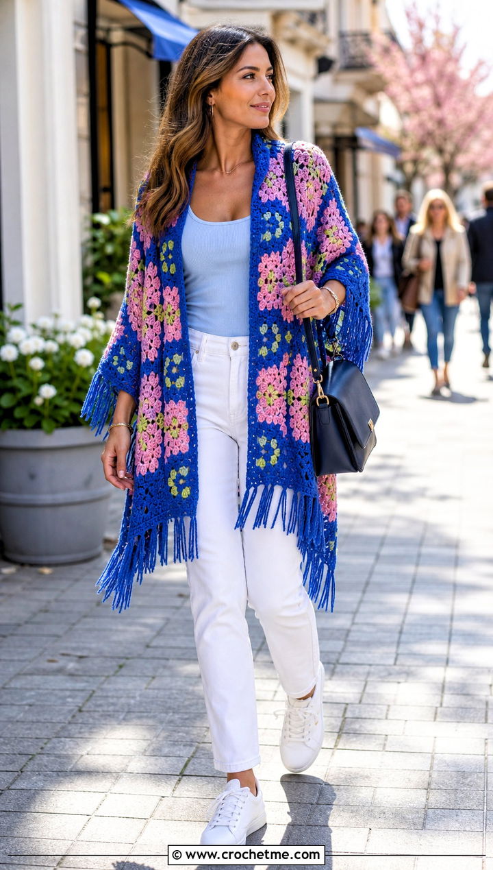 Color Block Flower Crochet Poncho With White Jeans - 25 Crochet Flower Poncho outfit ideas