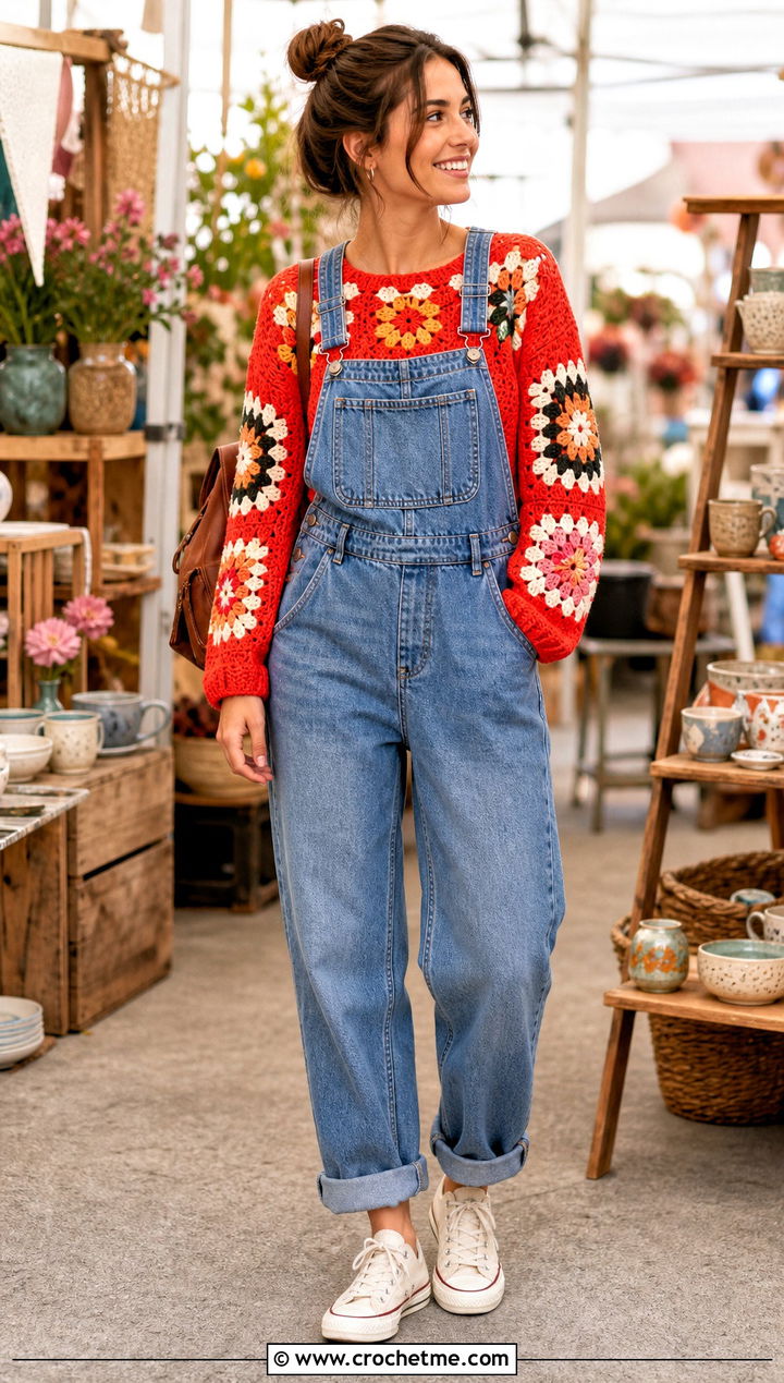 Color Block Flower Crochet Sweater With Denim Overalls - 35 crochet sweater with flowers outfit ideas