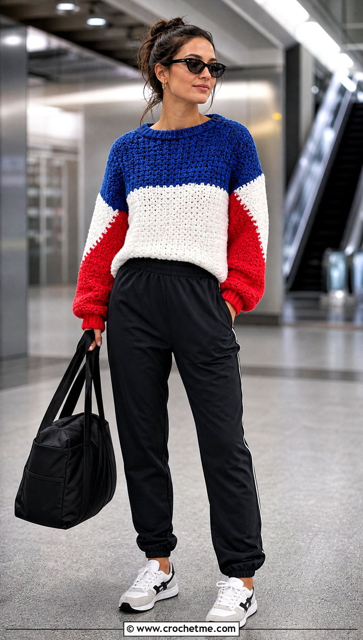 Color Block Fluffy Crochet Sweater With Track Pants - 35 fluffy crochet sweater outfit ideas
