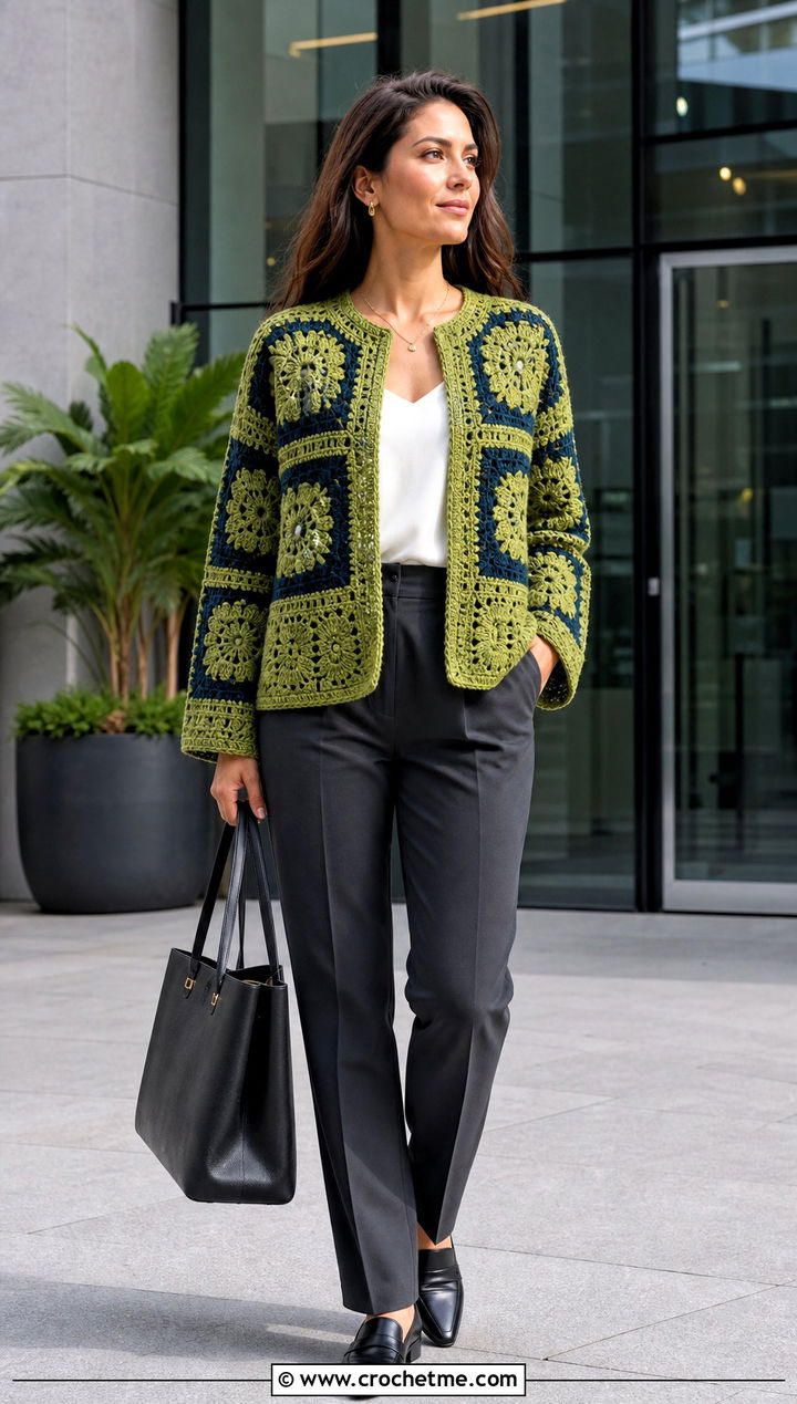 Color Block Folklore Crochet Cardigan With Gray Suiting - 30 folklore crochet cardigan outfit ideas