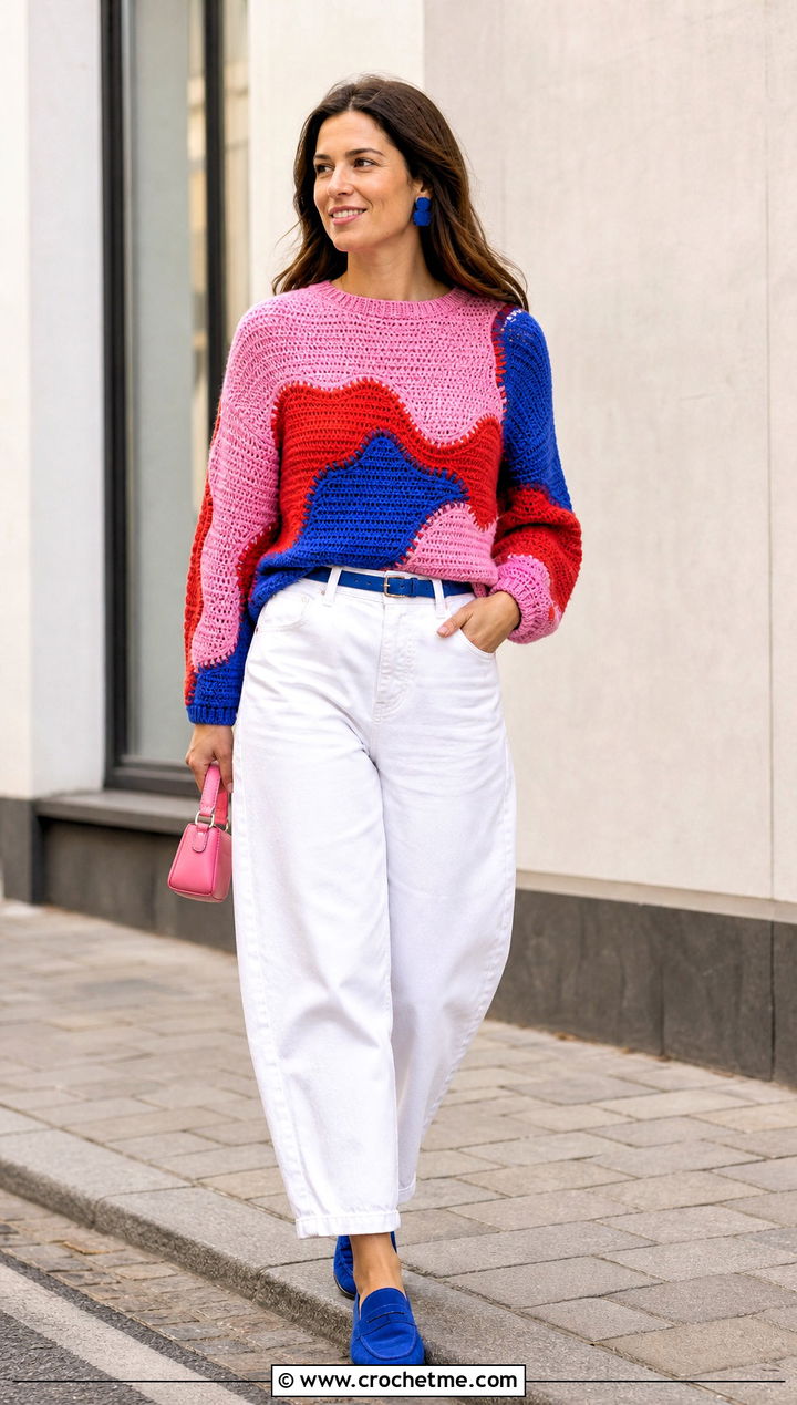 Color Block Freeform Sweater With White Denim - 15 Freeform Crochet Sweater Ideas