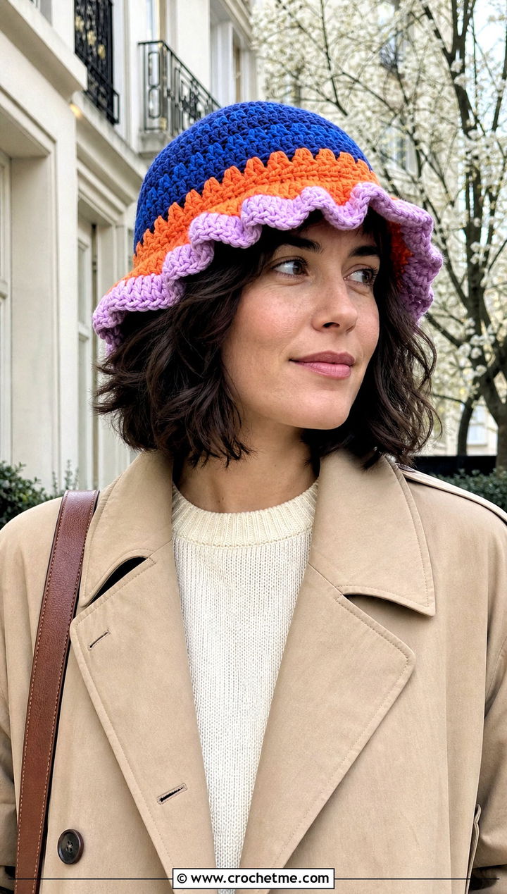 Color Block Frilly Crochet Bucket Hat With Trench Coat - 25 Frilly Crochet Bucket Hat outfit ideas