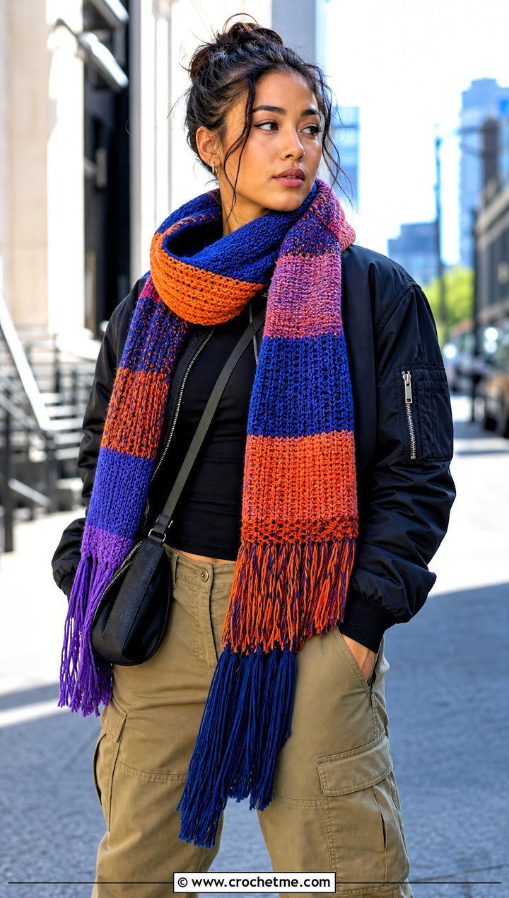 Color Block Fringe Sampler Scarf With Bomber Jacket - 20 Crochet Stitch Sampler Scarf outfit ideas