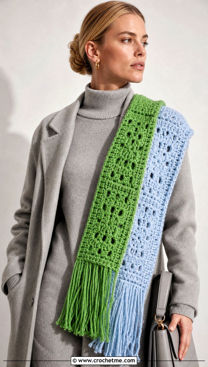 Color Block Fringe Scarf With Monochrome Outfit - 25 Crochet Scarf Fringe Ideas