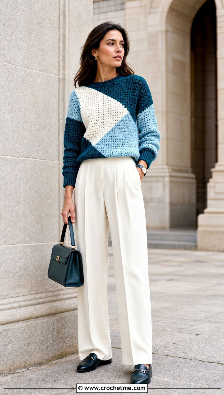 Color Block Geometric Crochet Sweater With Pleated Trousers - 15 crochet sweater with geometric outfit ideas
