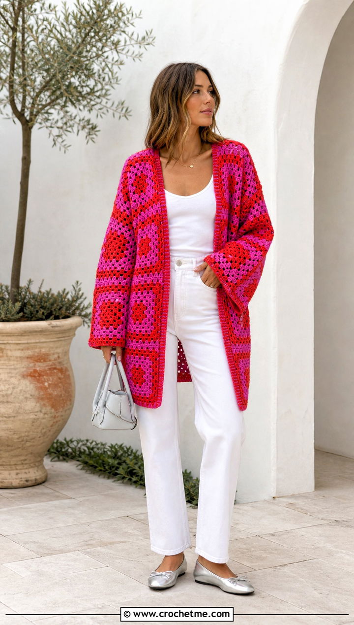 Color Block Giant Granny Square Cardigan With White Jeans - 35 giant granny square cardigan outfit ideas