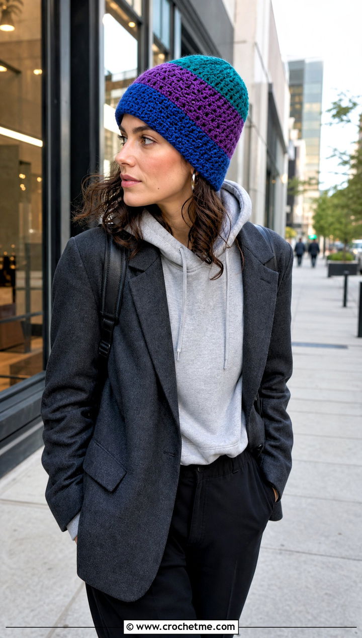 Color Block Glacier Crochet Beanie With Blazer And Joggers - 15 Glacier Crochet Beanie outfit ideas