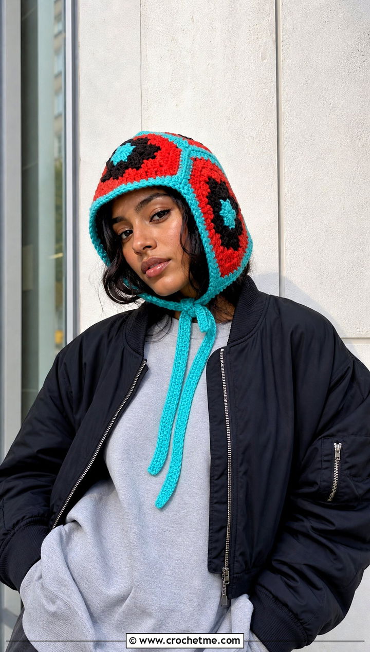 Color Block Granny Bonnet With Streetwear - 25 Crochet Hair Bonnet outfit ideas