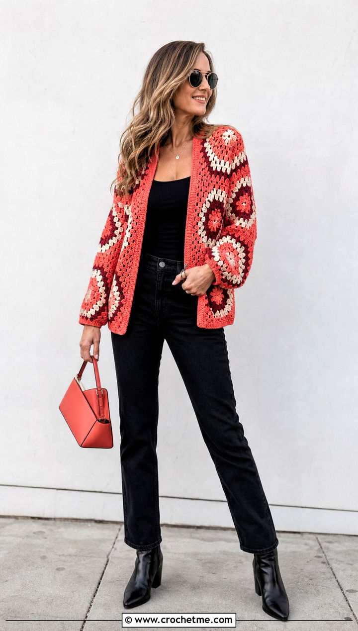 Color Block Granny Hexagon Cardigan With Black Jeans - 35 granny square hexagon cardigan outfit ideas