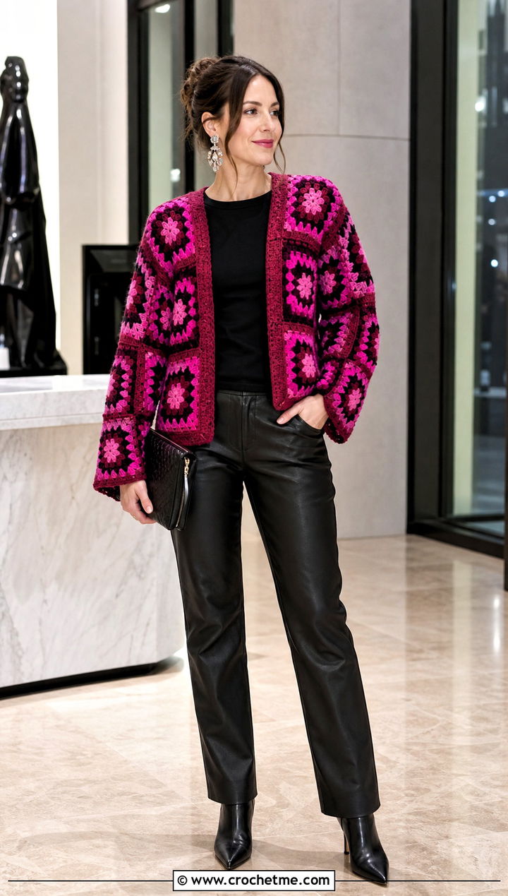 Color Block Granny Hexagon Crochet Cardigan With Leather Pants - 20 Hexagon Crochet Cardigan With Granny Squares outfit ideas