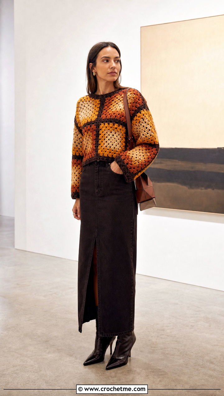 Color Block Granny Jumper With Column Skirt - 25 Crochet Granny Jumper outfit ideas
